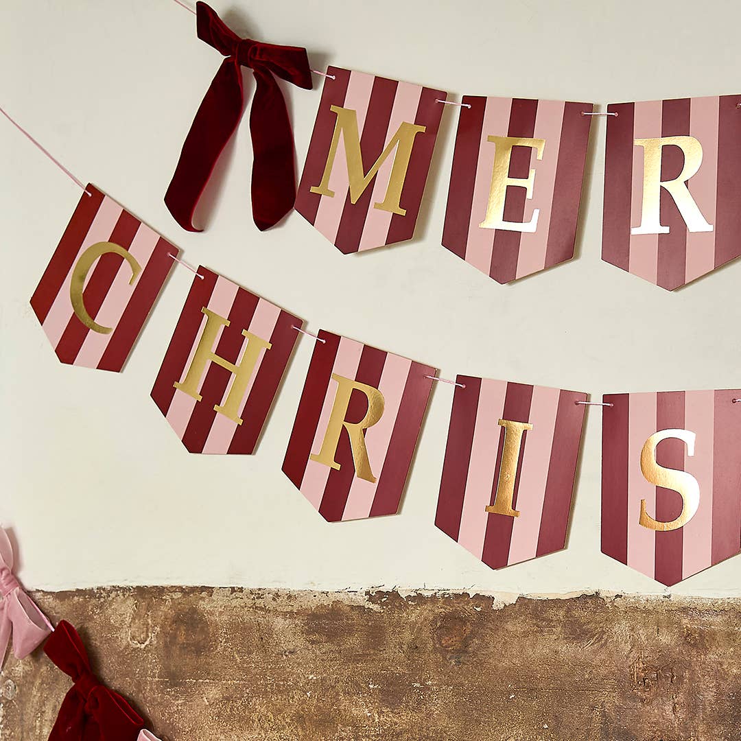 'MERRY CHRISTMAS' STRIPED WITH VELVET BOWS GARLAND