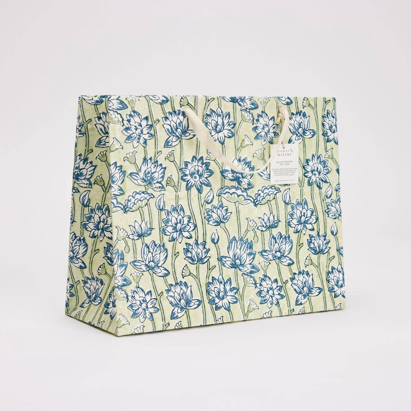x1 Hand Block Printed Gift Bags (Large) - Indigo - Winterberries