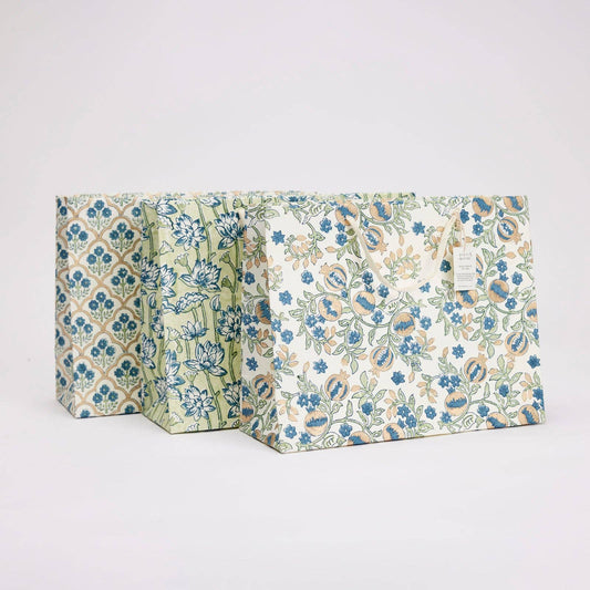 x1 Hand Block Printed Gift Bags (Large) - Indigo - Winterberries