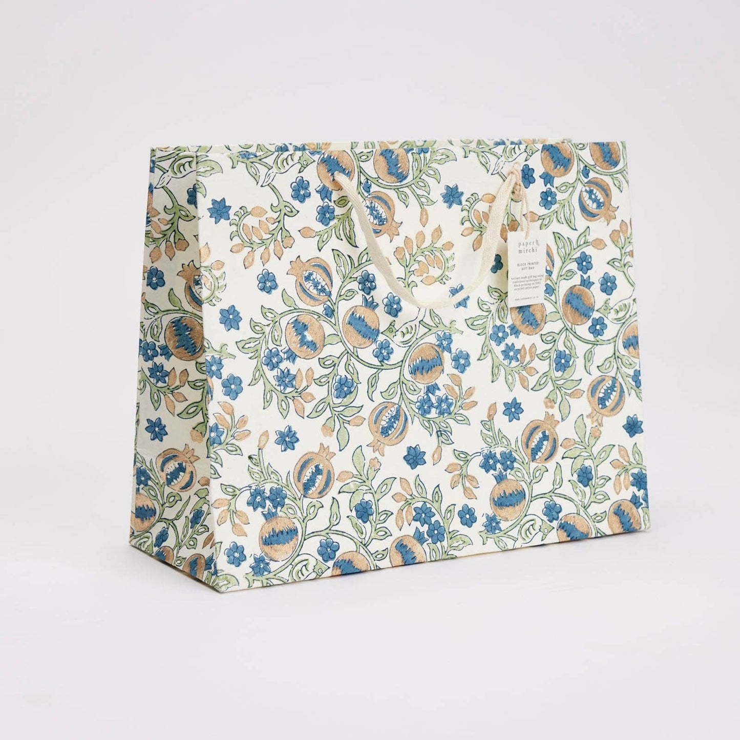 x1 Hand Block Printed Gift Bags (Large) - Indigo - Winterberries