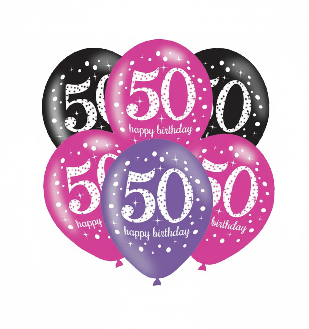 11" BLACK AND PINK AGE ASSORTED LATEX BALLOONS BOUQUET