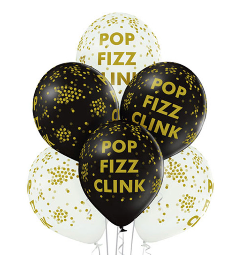 12" 'POPP FIZZ CLINK' BLACK AND WHITE ASSORTED LATEX BALLOONS BOUQUET