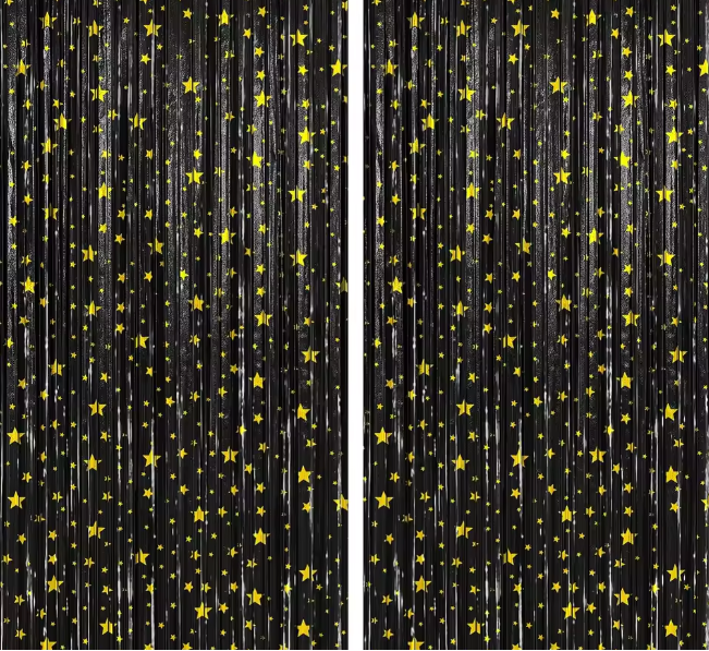 Gold Star Black Metallic Tinsel Foil Curtain Backdrop