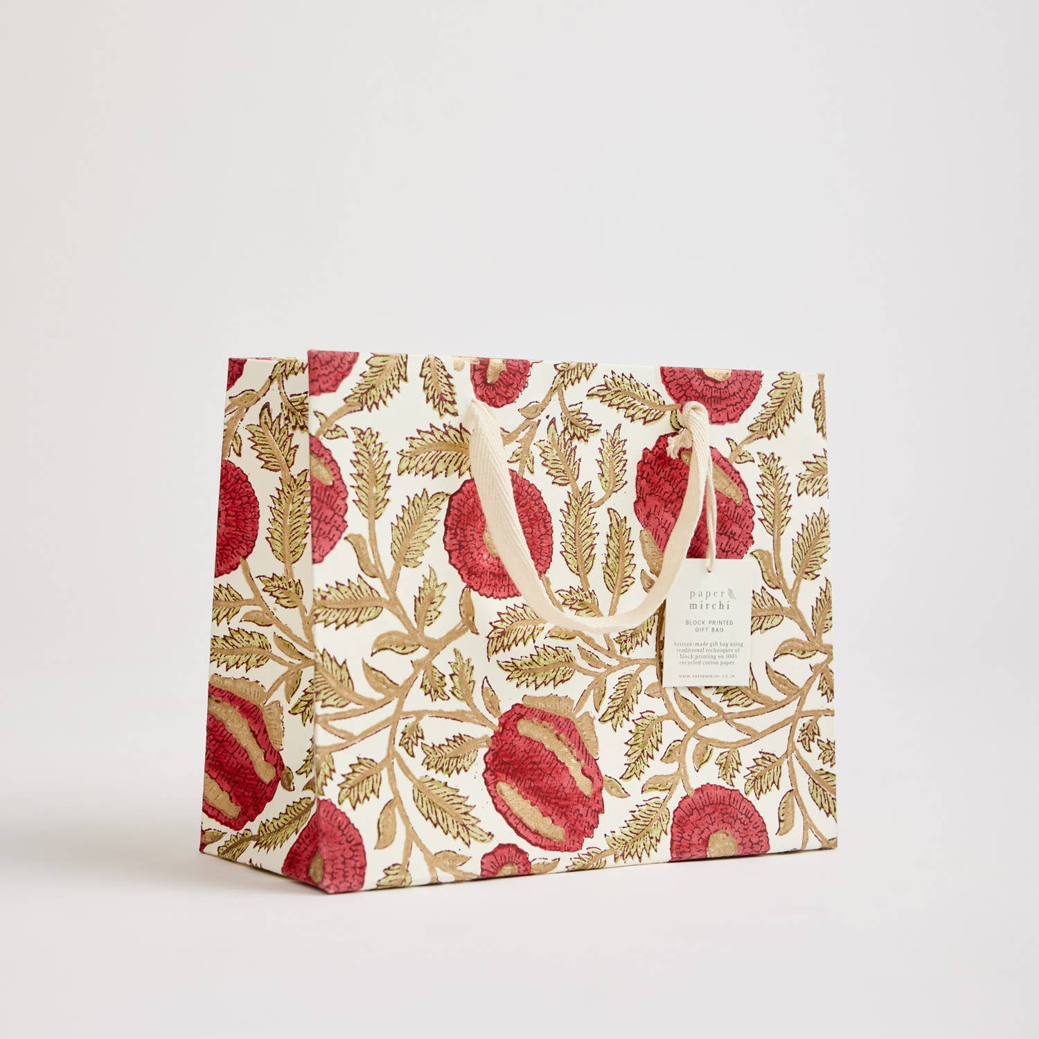 x1 Hand Block Printed Gift Bags (Medium) - Scarlet - Winterberries