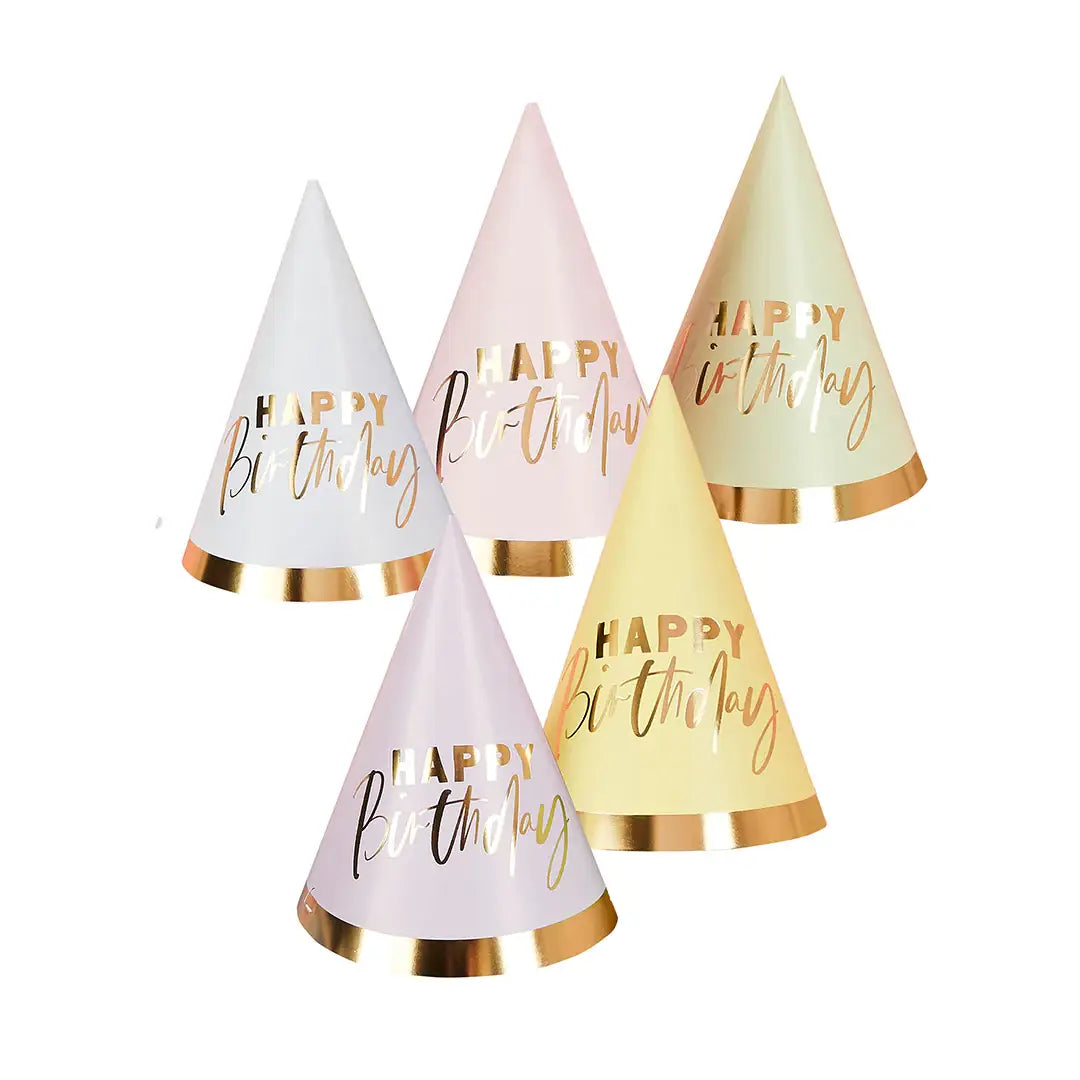 'HAPPY BIRTHDAY' PASTEL PAPER PARTY HATS