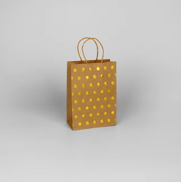 Brown Paper Gold Polka Dot Gift Bag - Winterberries