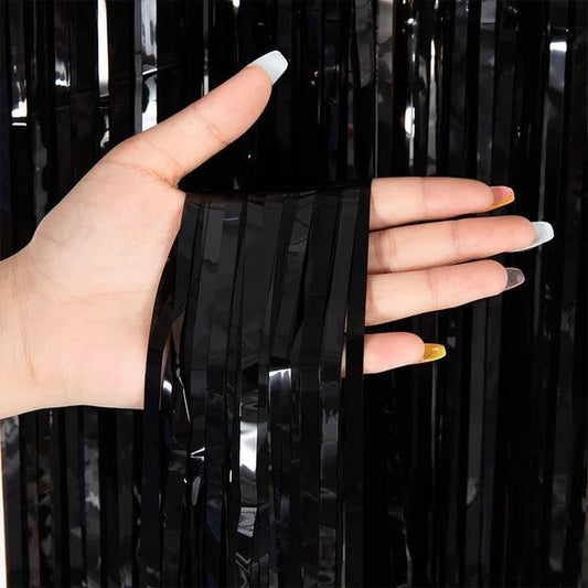 Black Metallic Tinsel Foil Curtain Backdrop - Winterberries
