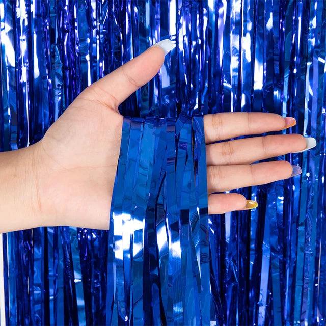 Dark Blue Metallic Tinsel Foil Curtain Backdrop - Winterberries