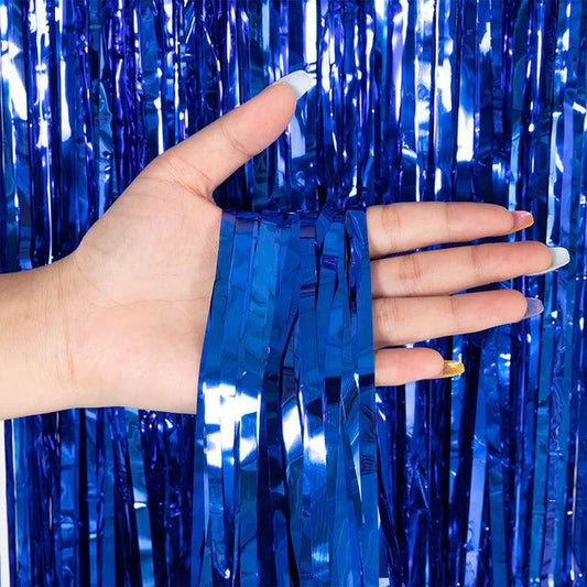 Dark Blue Metallic Tinsel Foil Curtain Backdrop - Winterberries