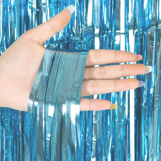 Light Blue Metallic Tinsel Foil Curtain Backdrop - Winterberries