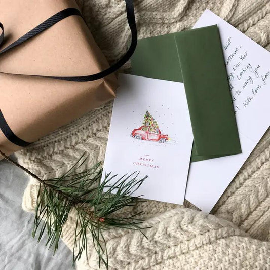 Car and Tree Traditional Vintage Style Christmas Card - Winterberries