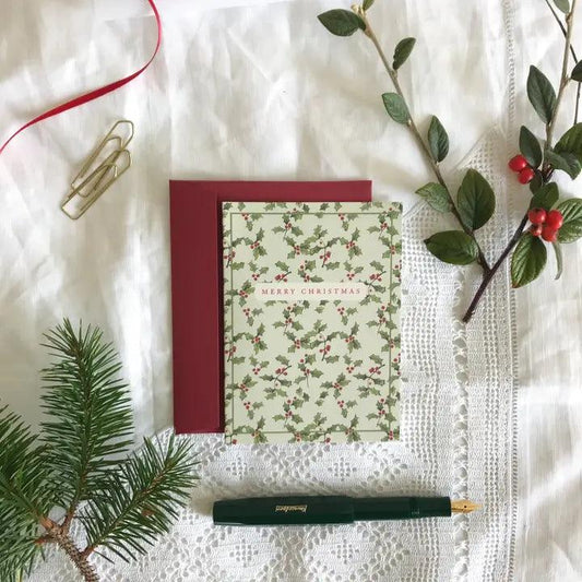 Vintage Style Holly Pattern Petite Christmas Card - Winterberries