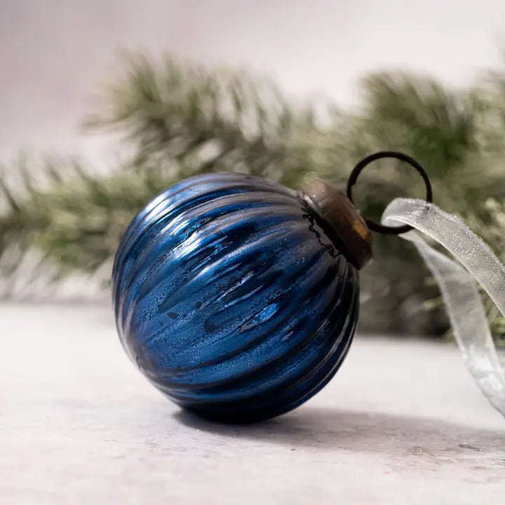 2" Navy Ribbed Glass Ornament - Winterberries