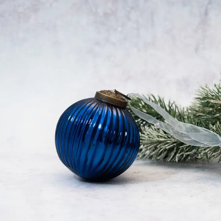 3" Navy Glass Ribbed Ornament - Winterberries