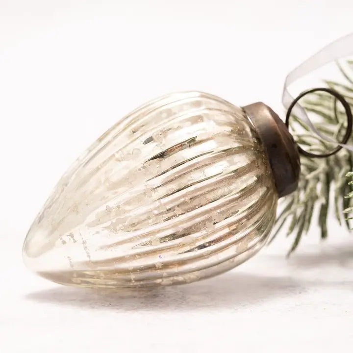3" Silver Ribbed Glass Pinecone - Winterberries