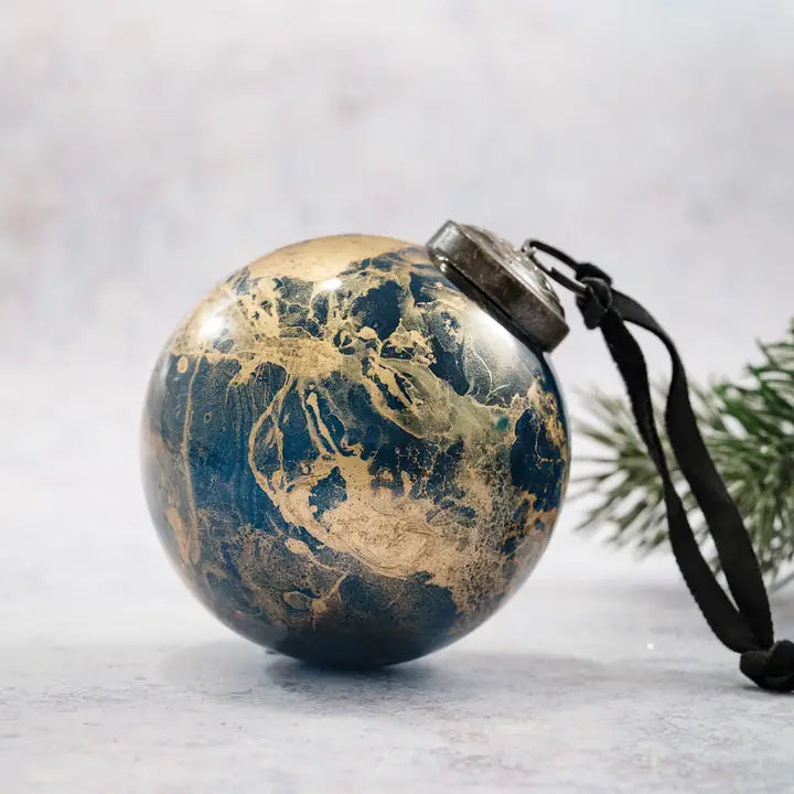 3" Teal Marble Glass Bauble - Winterberries