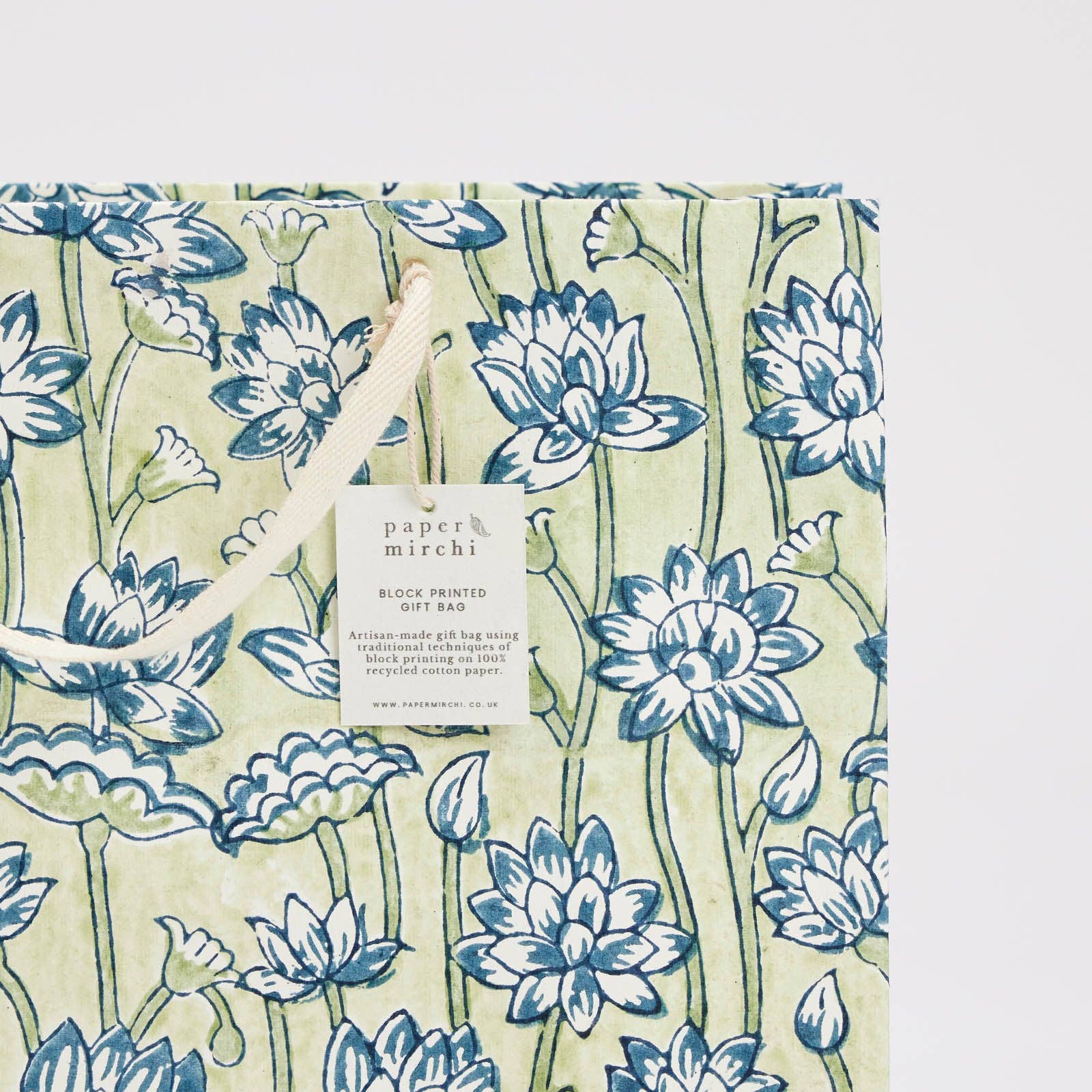 x1 Hand Block Printed Gift Bags (Large) - Indigo - Winterberries