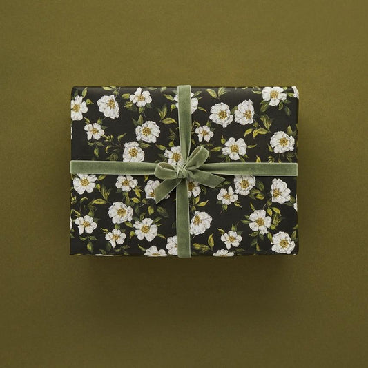 Cottage Roses - Black - Gift Wrap - Winterberries