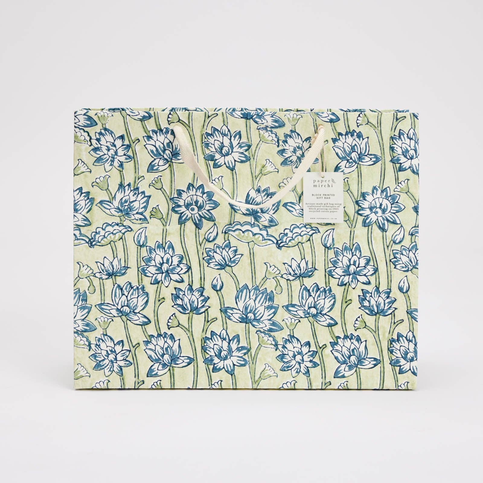 x1 Hand Block Printed Gift Bags (Large) - Indigo - Winterberries