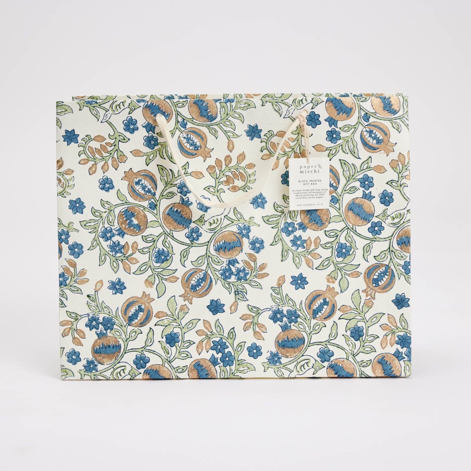 x1 Hand Block Printed Gift Bags (Large) - Indigo - Winterberries