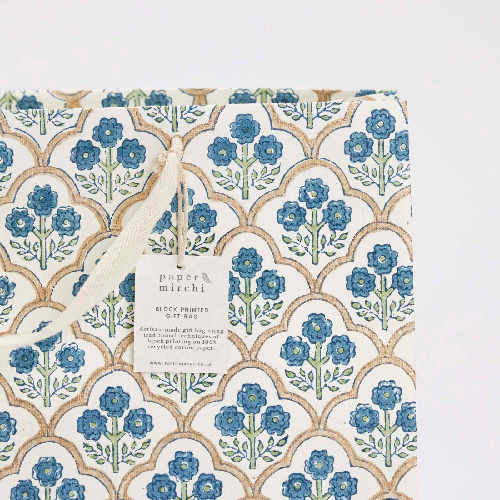 x1 Hand Block Printed Gift Bags (Large) - Indigo - Winterberries