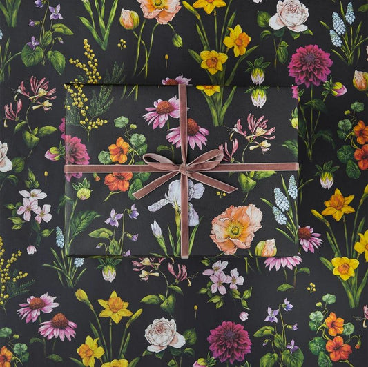 Bountiful Blooms -Black - Floral Gift Wrap / Botanical Paper - Winterberries