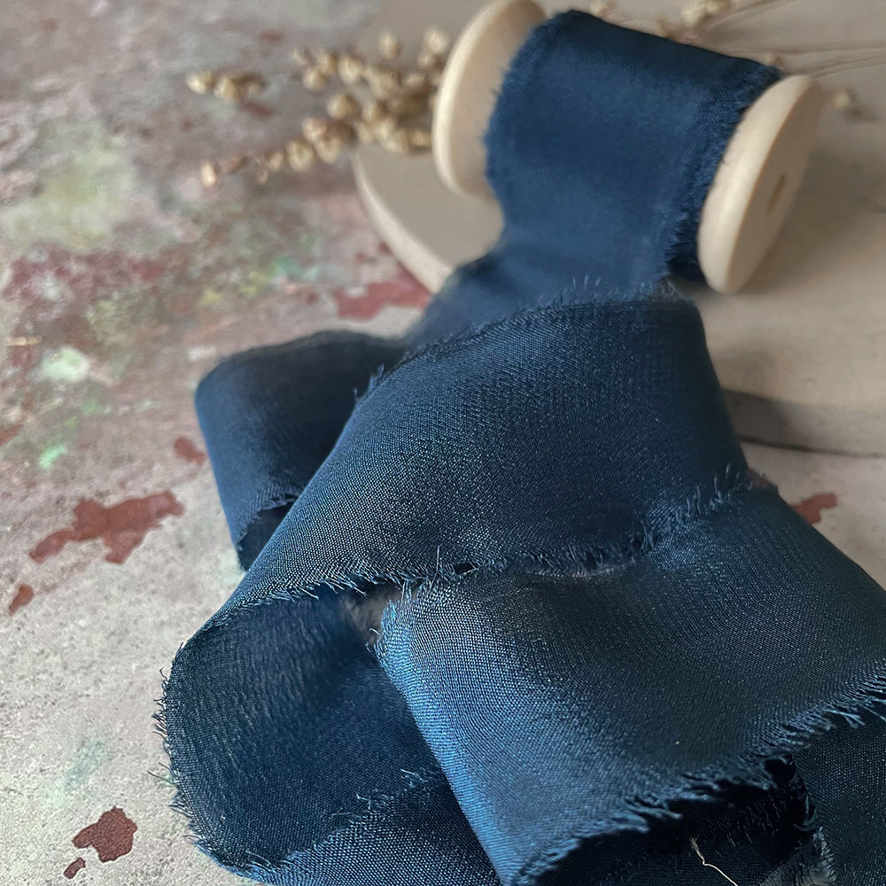 25mm Silk Ribbon in Navy - Winterberries