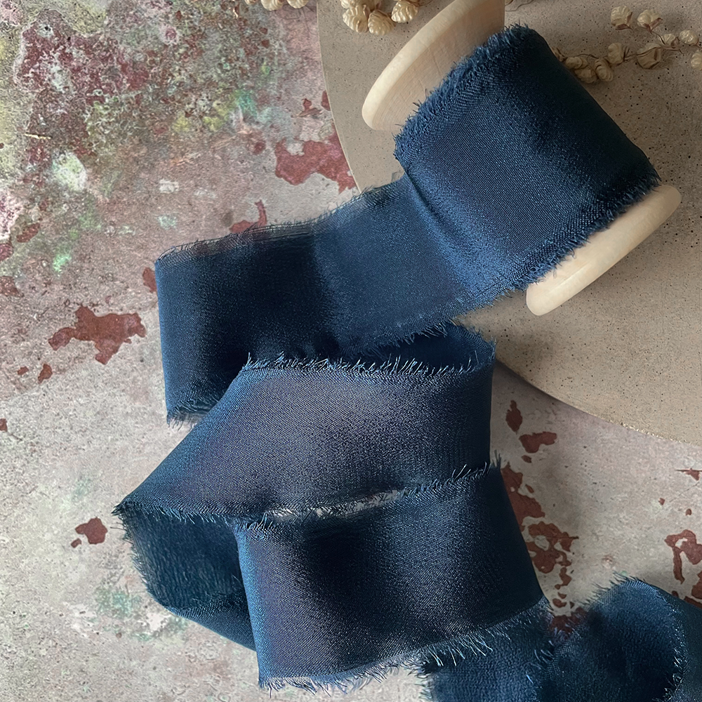 25mm Silk Ribbon in Navy - Winterberries
