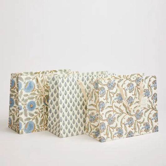 Hand Block Printed Gift Bags (Large) - Blue Stone - Winterberries