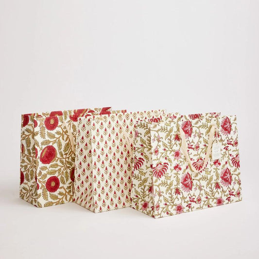 Hand Block Printed Gift Bags (Large) - Festive - Winterberries