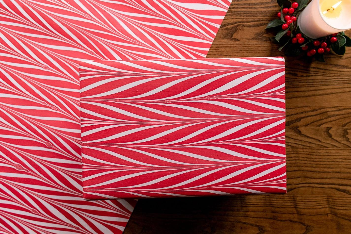 Hand Marbled Wrapping Paper Sheets - Candy Stripes Red - Winterberries