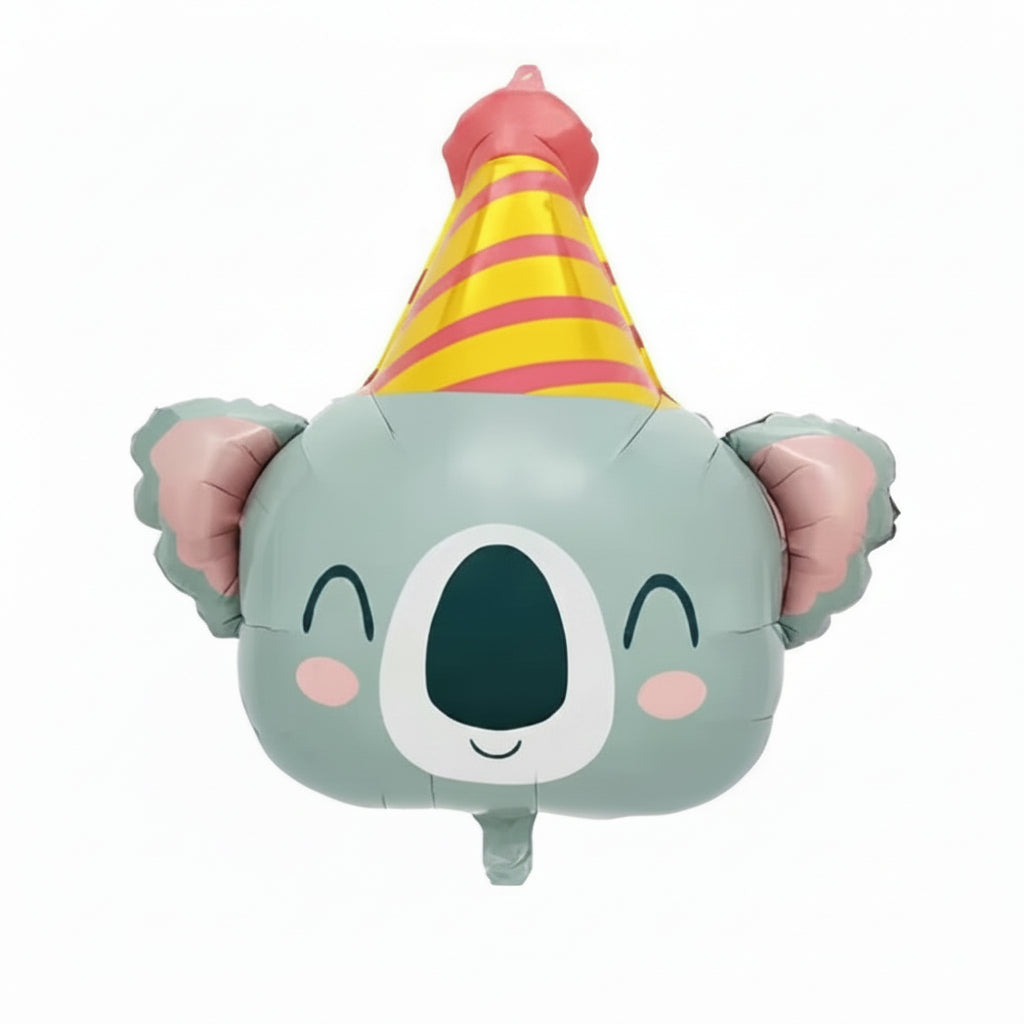 Balloon shaped like a koala wearing a party hat on a white background