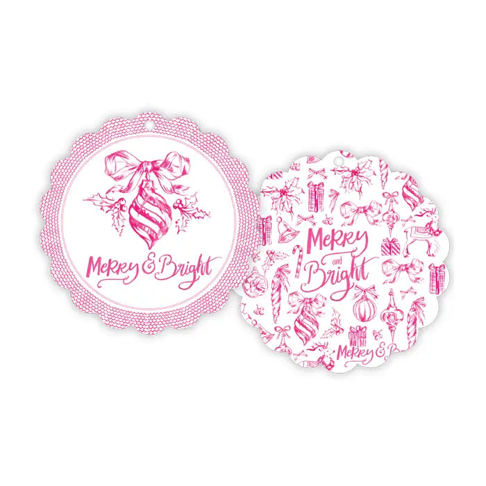 Merry Bright Pink Toile Vintage Ornament Scalloped Gift Tag - Winterberries