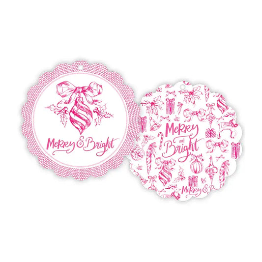 Merry Bright Pink Toile Vintage Ornament Scalloped Gift Tag - Winterberries
