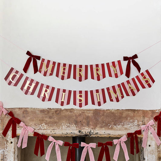 'MERRY CHRISTMAS' STRIPED WITH VELVET BOWS GARLAND