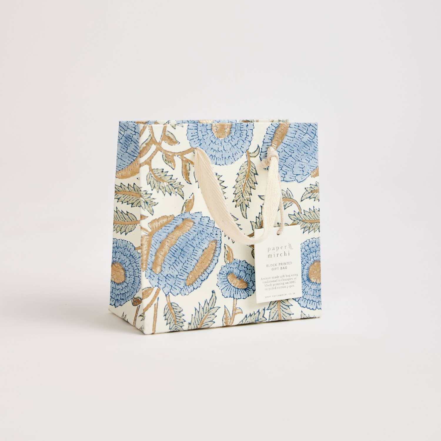 x1 Hand Block Printed Gift Bags (Small) - Blue Stone - Winterberries