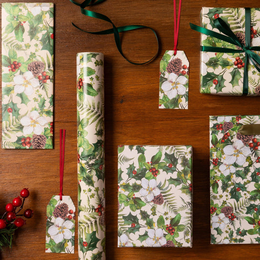 Christmas Wrapping Paper Gift Holly Berries Floral Green - Winterberries