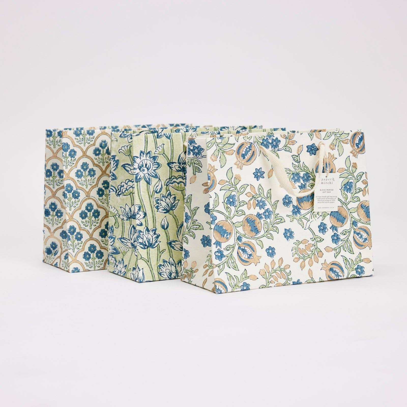 x1 Hand Block Printed Gift Bags (Medium) - Indigo - Winterberries
