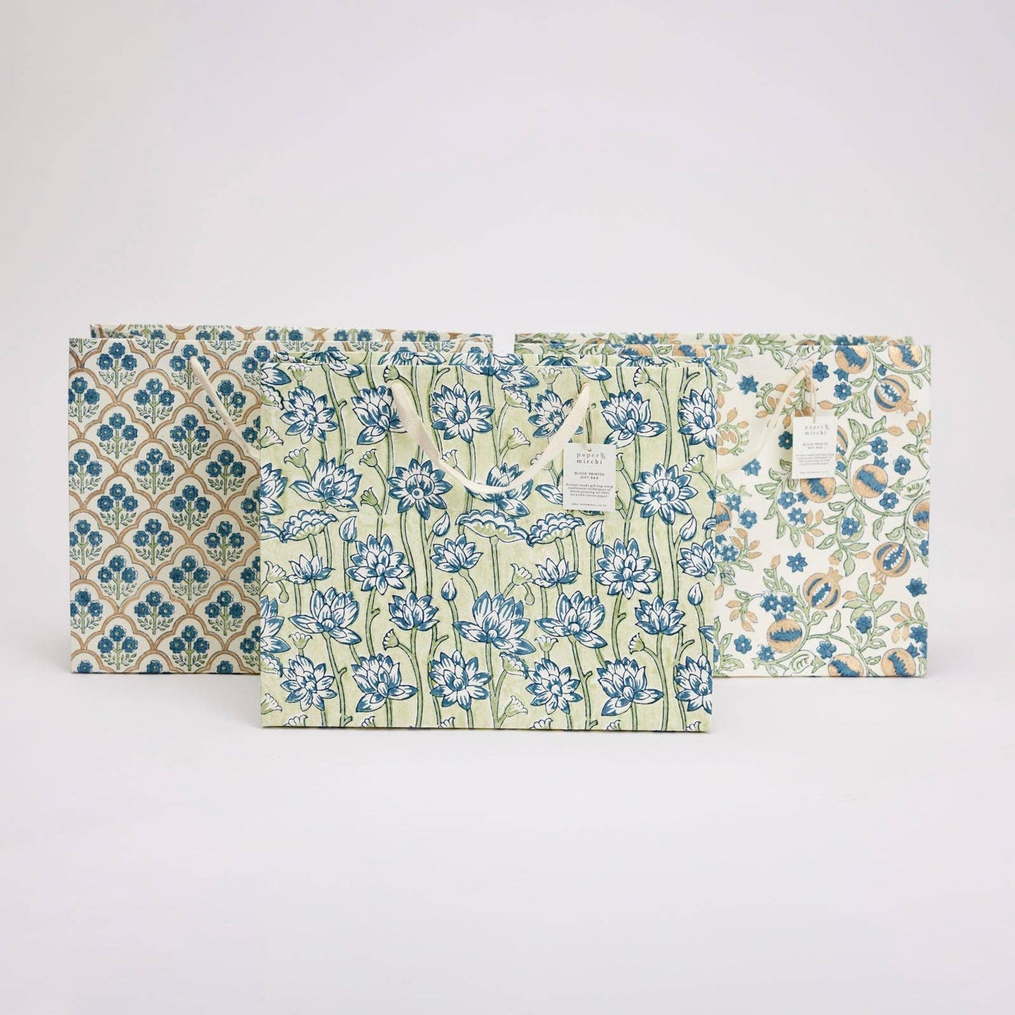 x1 Hand Block Printed Gift Bags (Large) - Indigo - Winterberries