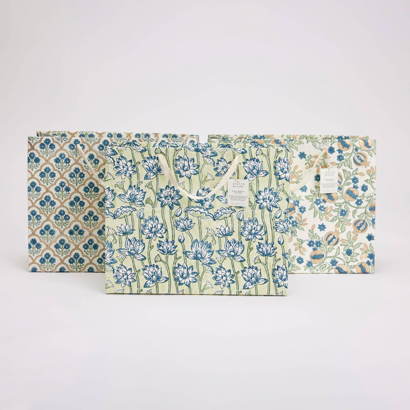 x1 Hand Block Printed Gift Bags (Large) - Indigo - Winterberries