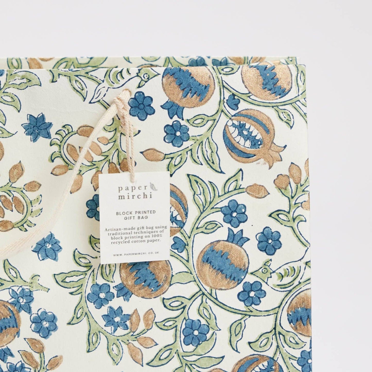 x1 Hand Block Printed Gift Bags (Large) - Indigo - Winterberries