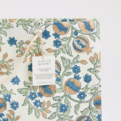 x1 Hand Block Printed Gift Bags (Large) - Indigo - Winterberries