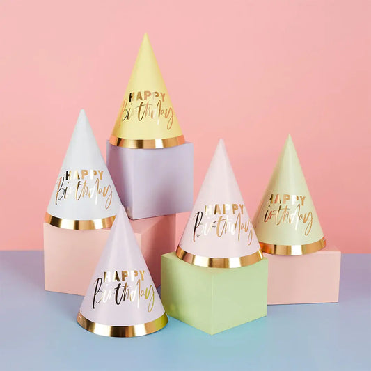 'HAPPY BIRTHDAY' PASTEL PAPER PARTY HATS