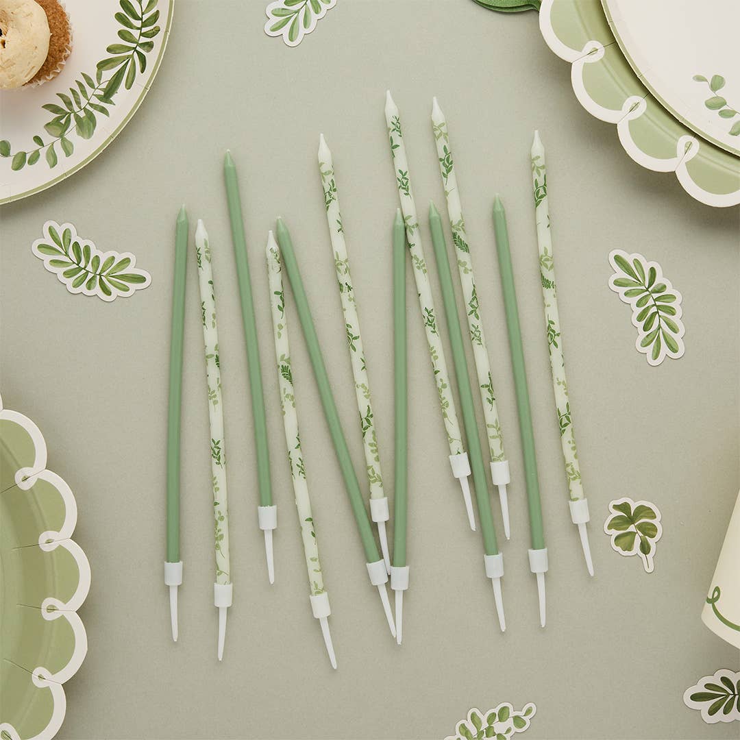 X12 SAGE GREEN BOTANICAL TALL SKINNY CANDLES