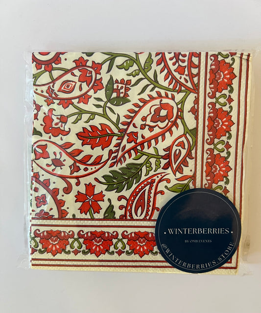 x25 FESTIVE PAISLEY COCKTAIL PAPER NAPKINS - Winterberries
