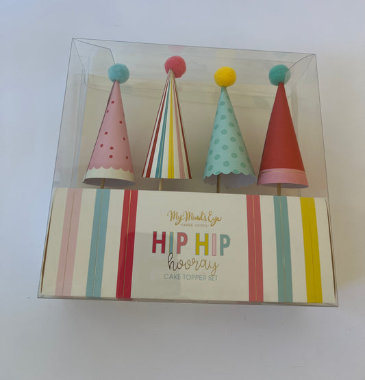 x4 HIP HIP HOORAY PARTY HAT SHAPED CAKE TOPPERS