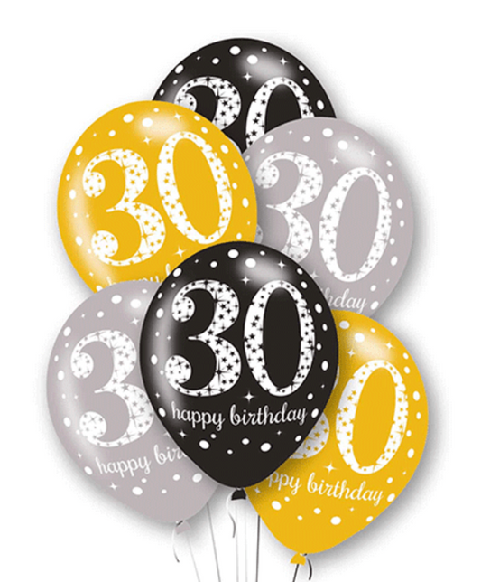 11" BLACK, GOLD, SILVER AGE ASSORTED LATEX BALLOONS BOUQUET