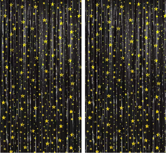 Gold Star Black Metallic Tinsel Foil Curtain Backdrop - Winterberries