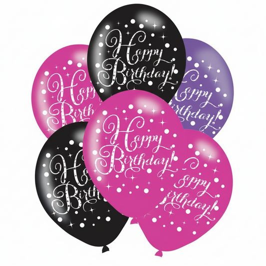 11" BLACK AND PINK AGE ASSORTED LATEX BALLOONS BOUQUET