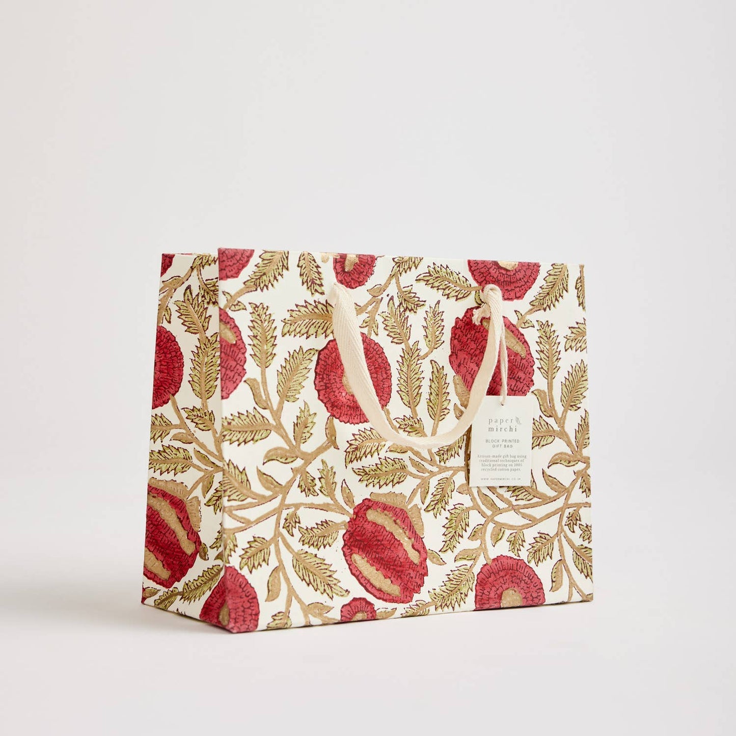 x1 Hand Block Printed Gift Bags (Medium) - Scarlet - Winterberries